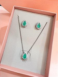 Conjunto Gotinha Verde Turmalina Ródio Branco