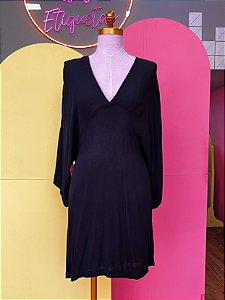 Vestido Preto Crepe Manga Morcego Farm P