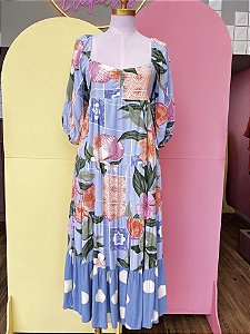 Vestido Midi Manga Bufante Azul Claro Estampa Colorida Bluesteel P