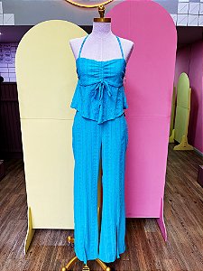 Conjunto Azul Blusa e Calça Bordado Gule 38