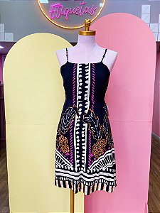 Vestido viscose Preto Estampa Laranja Amarração No Busto Oh Boy - P
