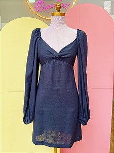 Vestido Linho Azul Marinho Manga Maria Filó - PP