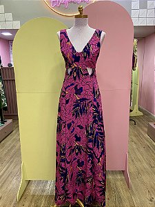Vestido Longo Rosa Crepe Estampa Azul My Place PP
