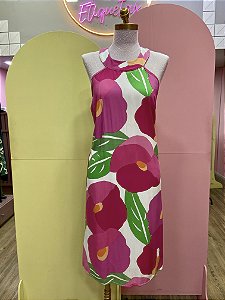 Vestido Curto Branco Flores Grandes Rosa STS 46