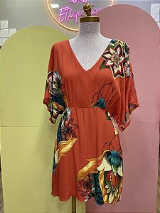 Vestido Laranja Crepe Estampa Flores Coloridas FYI - P
