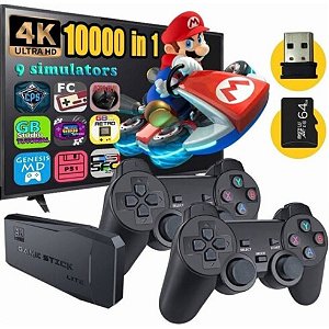 VIDEO GAME STICK 4K 2 CONTROLE SEM FIO COM 10 MIL JOGOS MAME - MEGA DRIVE - NINTENDO - NEOGEO - PSX - LIGA DIRETO HDMI TV