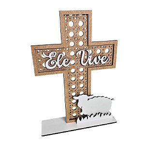 Enfeite Páscoa Rattan/Palha Cruz Ele Vive Cordeiro 25 cm MDF