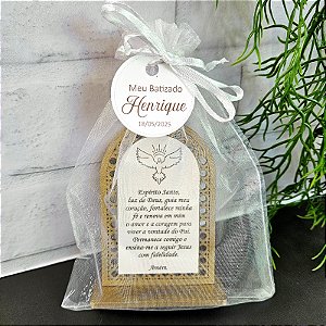 Lembrança Placa Rattan Oração Divino Espírito Santo MDF Cru e Branco com embalagem