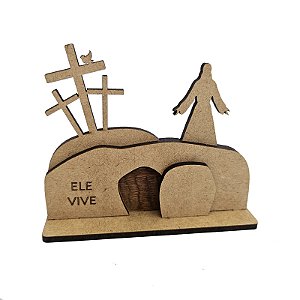 Mini Cenário Páscoa ELE VIVE Infantil 10x8 cm MDF Cru Sepulcro Ressurreição Calvário
