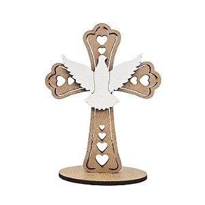 Lembrança Cruz Coração Aplique Divino Espírito Santo MDF 12 cm