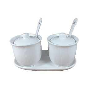 Kit2 Açucareiros porcelana branco com bandeja tampa colher