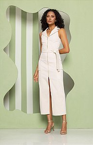 Vestido Midi Sarja com Ziper Bolso e Faixa