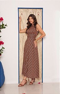 Vestido Gola Alta Longuete Listrado