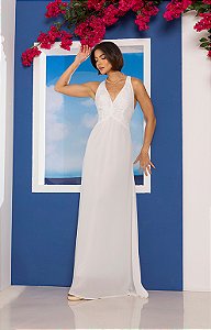 Vestido Longo Crepe Frente Unica com Renda