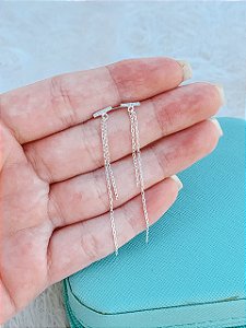 Brinco de Prata Haste Cravejada Corrente Dupla