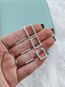 Trio de Prata Argola Quadrada Cravejada