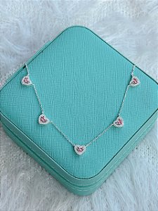 Choker de Prata Corações Rosa