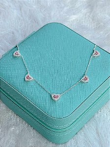 Choker de Prata Corações Rosa
