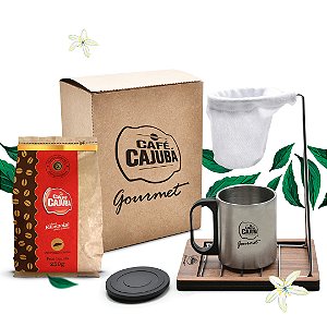 Kit 1 Cajubá Essencial Moído 250g + 1 Coador Pano com base em MDF + 1 Caneca Metálica