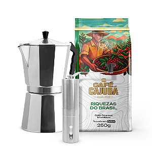 Kit 1 Cajubá Riquezas do Brasil Grãos 250g + 1 Moedor + 1 Cafeteira Italiana