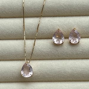 Conjunto Luxo de Corrente e Brincos em Ouro 18K Quartzo Rosa
