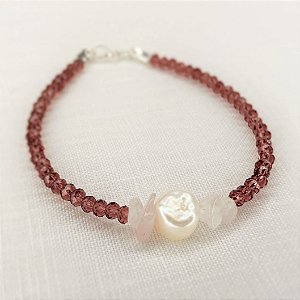 Pulseira Cristais Rosa Granada, Quartzo Rosa e Pérola
