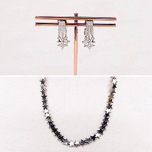 Conjunto Brinco Estrelas e Choker de Estrelas de Hematitas