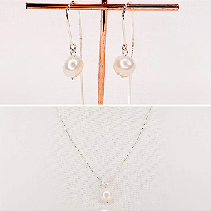 Conjunto Brinco Fio e Pérola e Colar c/ Pingente de Pérola