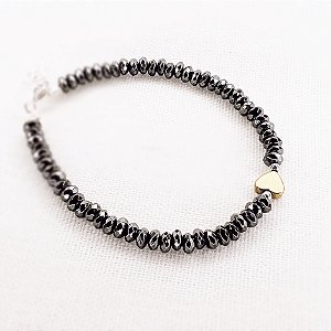Pulseira de Hematitas Naturais c/ Hematita de Coração Dourada