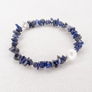 Pulseira de Sodalita Bruta e Pérola