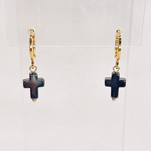 Argola c/ Pingente de Cruz de Hematita Natural Gold