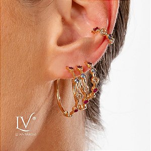 Trio de brincos; argola com tarracha e zirconias coloridas