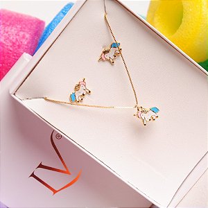 conjunto brinco e colar unicórnio esmaltado