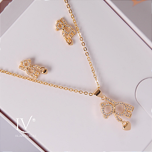 Colar e brincos ursinho cravejado