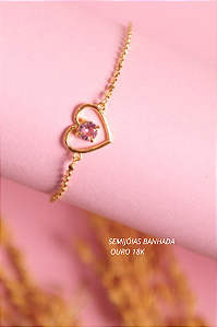 Pulseira coração com pedra rose