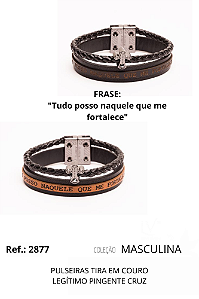 Pulseira em couro legítimo com trança e pingente Cruz