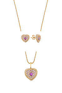 Conjunto colar e brincos coração cravejado