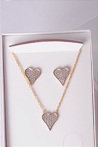 Conjunto colar e brincos coração cravejado
