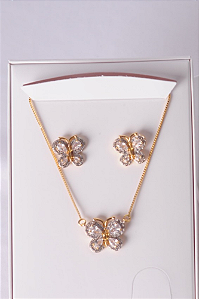 Conjunto colar e brincos borboleta cravejada