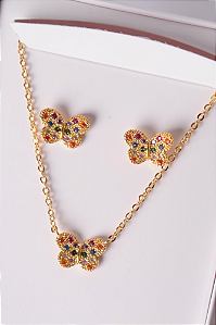 Conjunto colar e brincos borboleta colorida