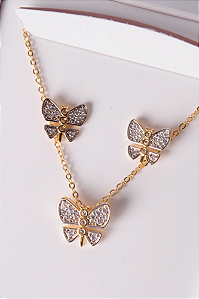 Conjunto colar e brincos borboleta cravejada