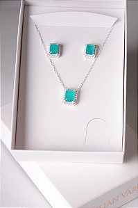 Conjunto colar e brinco pedra verde, prata 925