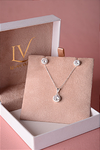 Conjunto ponto de luz redondo cravejado prata 925
