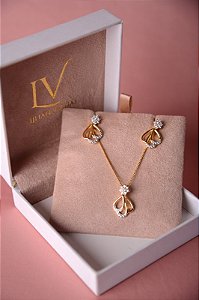 Conjunto colar e brinco liso e cravejado