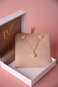 Conjunto colar e brinco coração cravejado