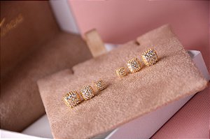 Trio de brincos tarraxa quadrado cravejados