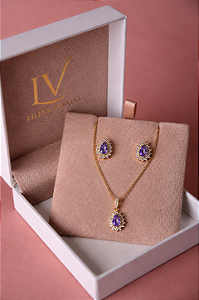 Conjunto de colar e brinco gota cravejada roxo