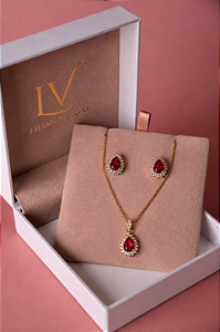 Conjunto de colar e brinco gota cravejada vermelho