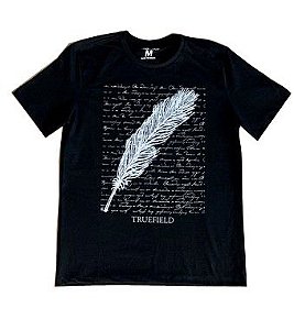 Camiseta masculina em algodão com decote careca desenho pena com escrito