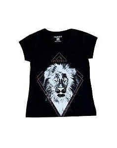 Camiseta feminina em algodão com decote careca desenho do leão